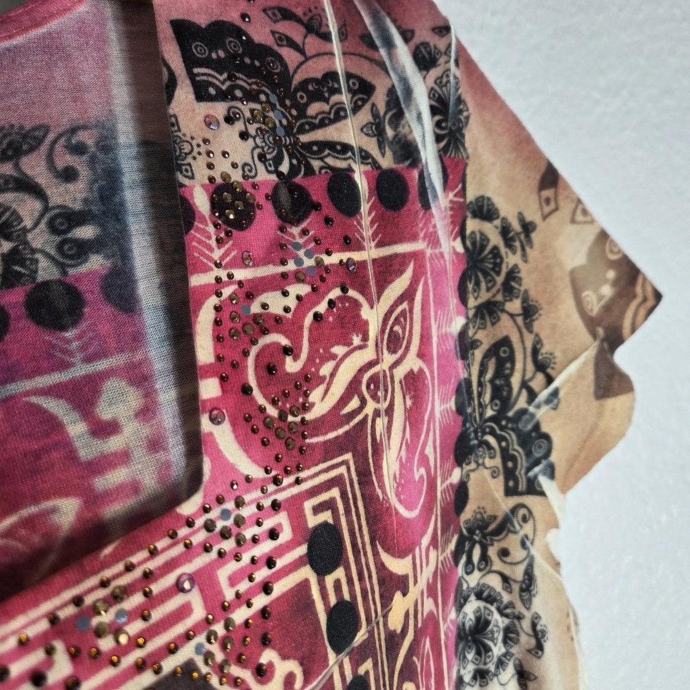 Chicos Tee Shirt Womens Size 3 Rinestones Lotus Print Square Neck - Picture 5 of 16